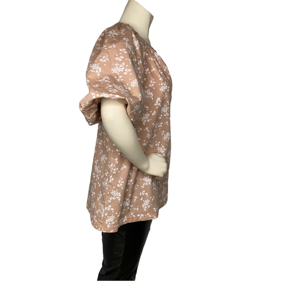 LANE BRYANT Tan Beige & White Floral Short-Puff Sleeve Split-Neck Top Blouse, 18 - Picture 7 of 14
